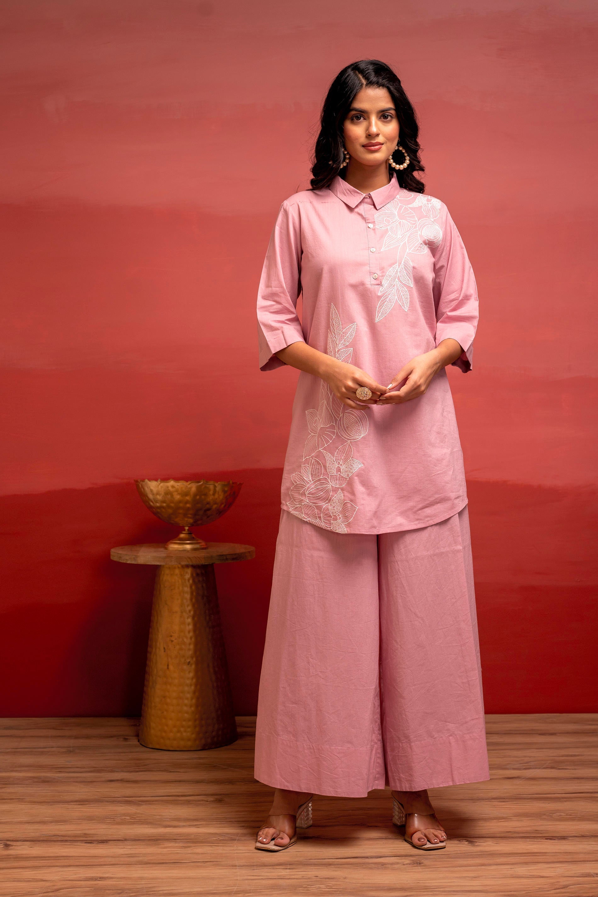 Juniper Onionpink Solid Cotton Shirt And Pants Co-Ord Set With Thread Work | Grocsy