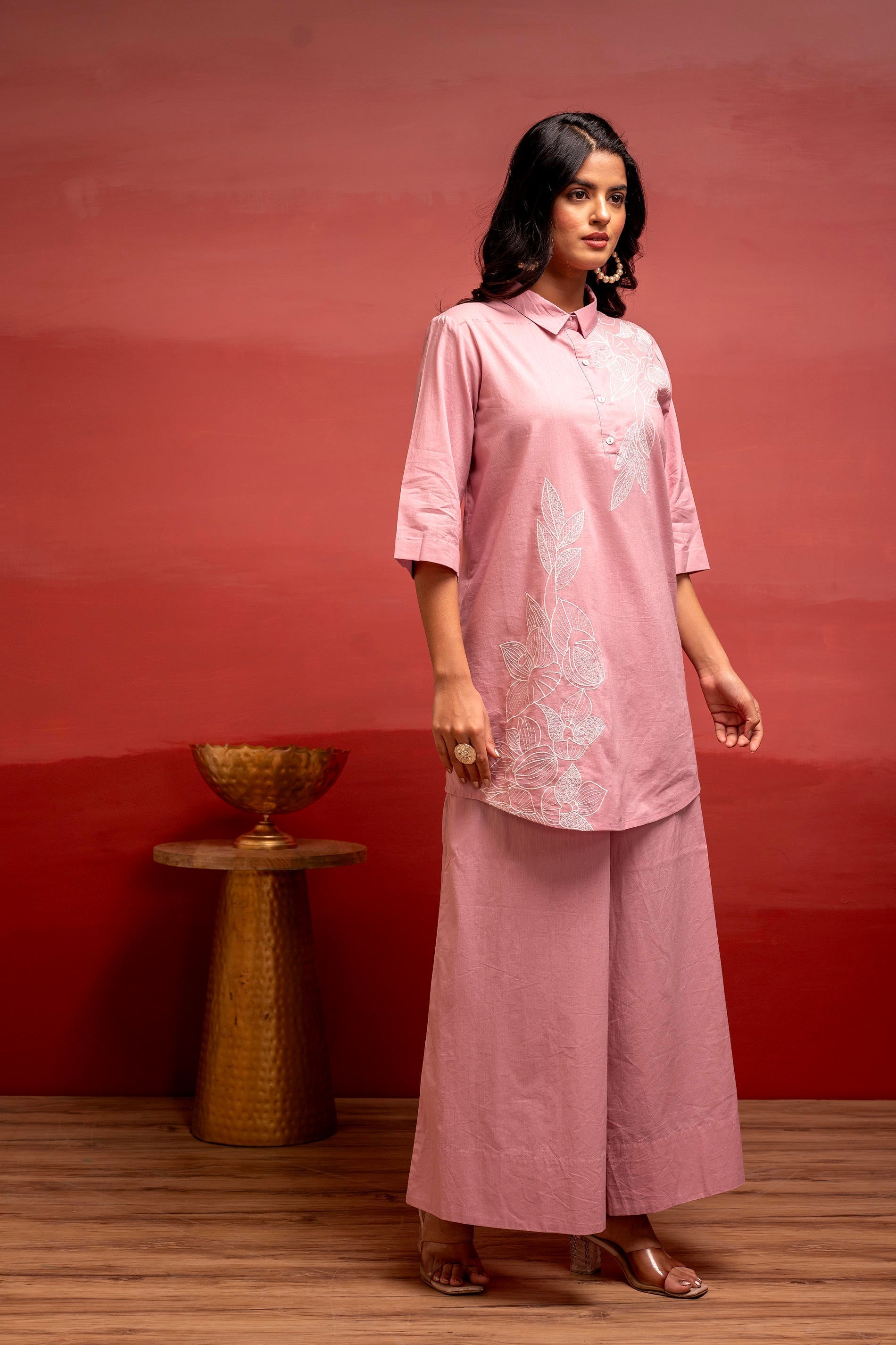 Juniper Onionpink Solid Cotton Shirt And Pants Co-Ord Set With Thread Work | Grocsy