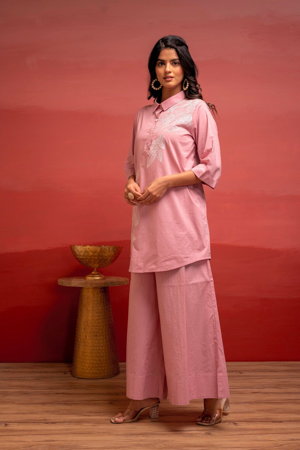Juniper Onionpink Solid Cotton Shirt And Pants Co-Ord Set With Thread Work | Grocsy