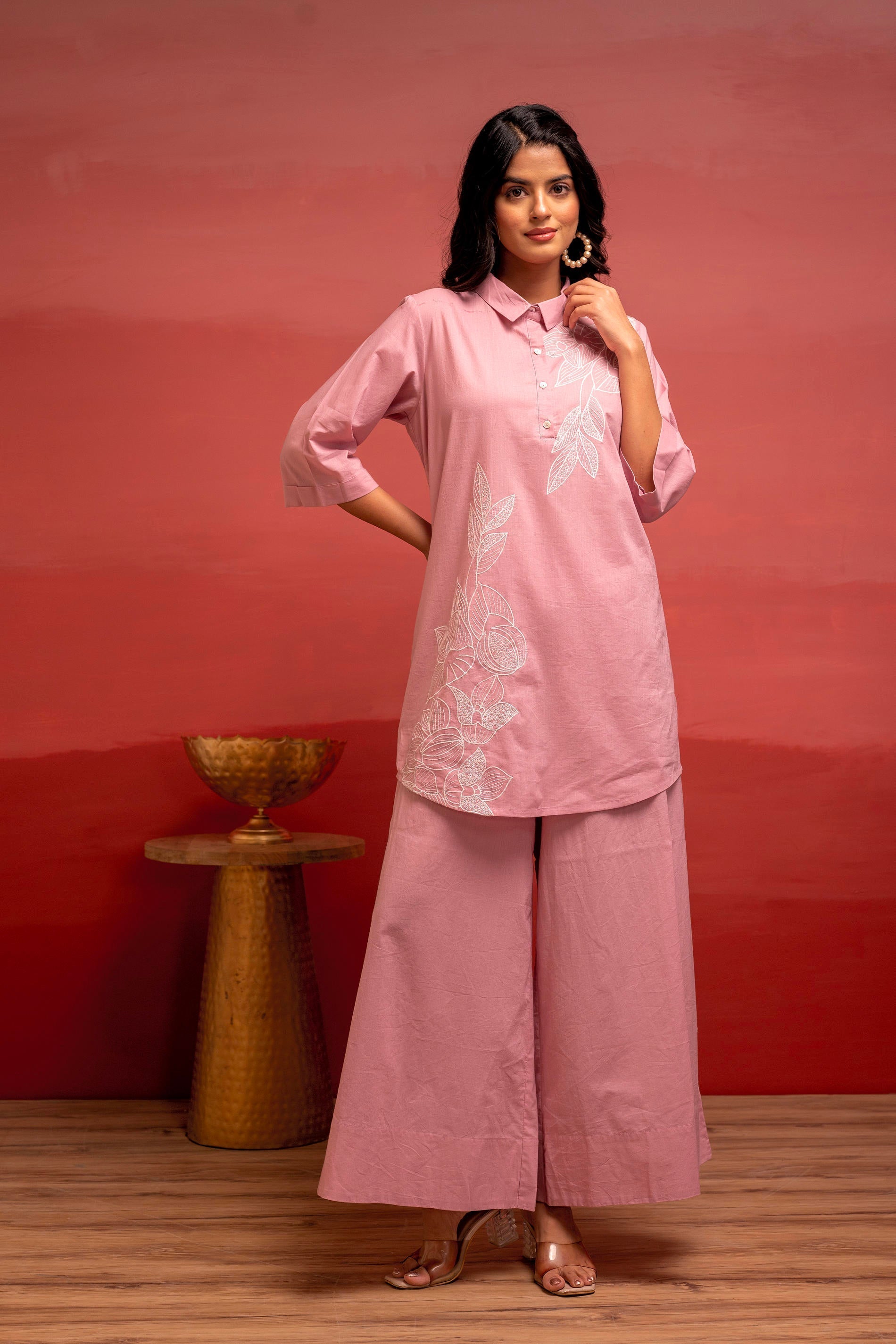 Juniper Onionpink Solid Cotton Shirt And Pants Co-Ord Set With Thread Work | Grocsy