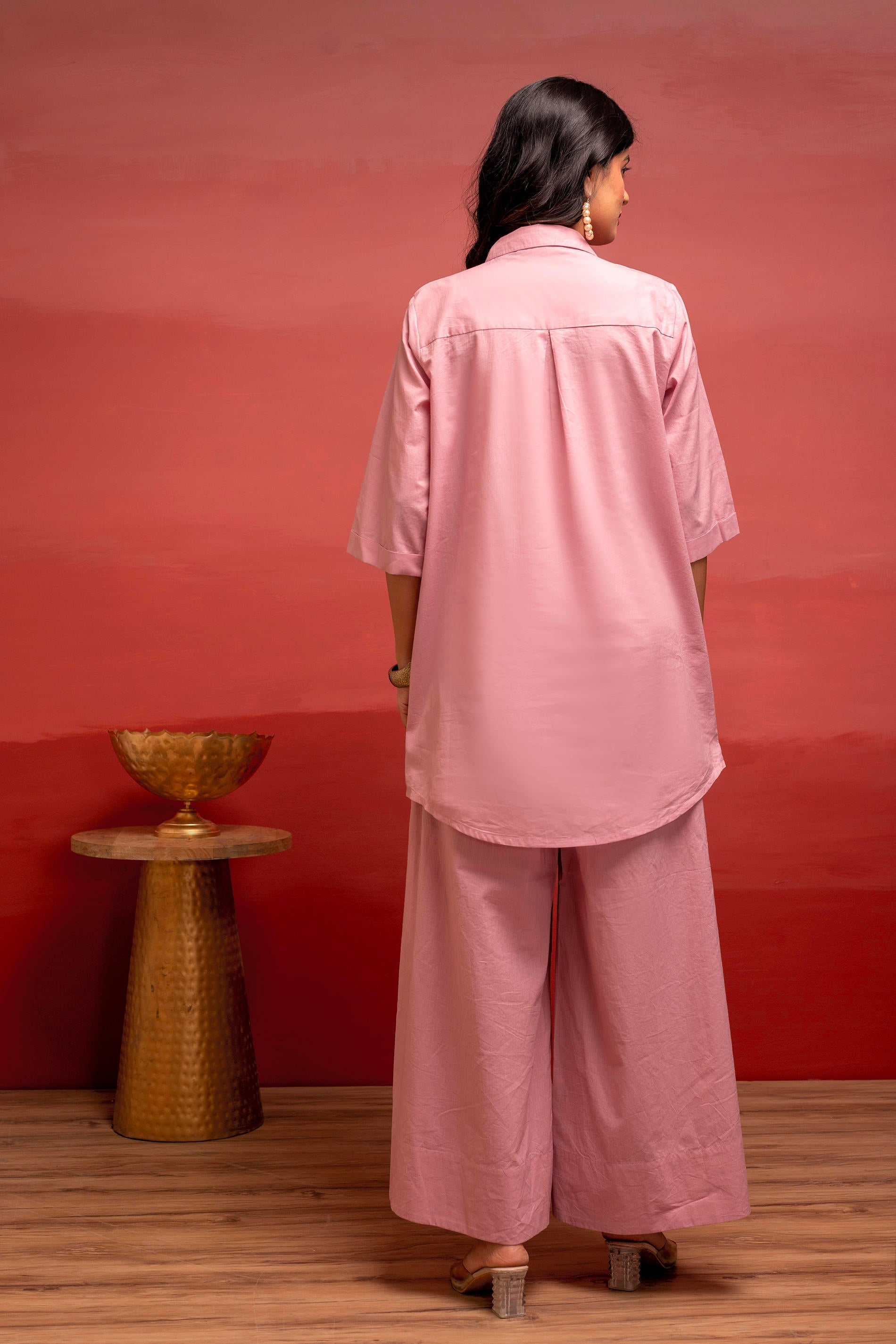 Juniper Onionpink Solid Cotton Shirt And Pants Co-Ord Set With Thread Work | Grocsy