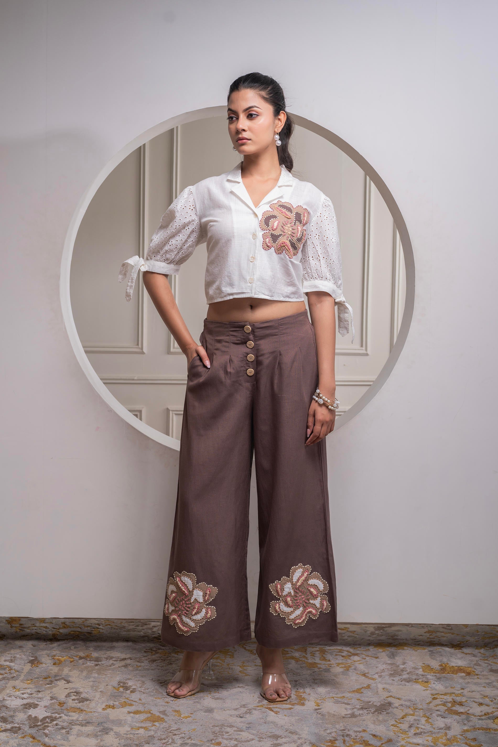 Juniper White & Brown Cotton-Viscose Embroidered Co-Ord Set With Thread Work & Lace | Grocsy