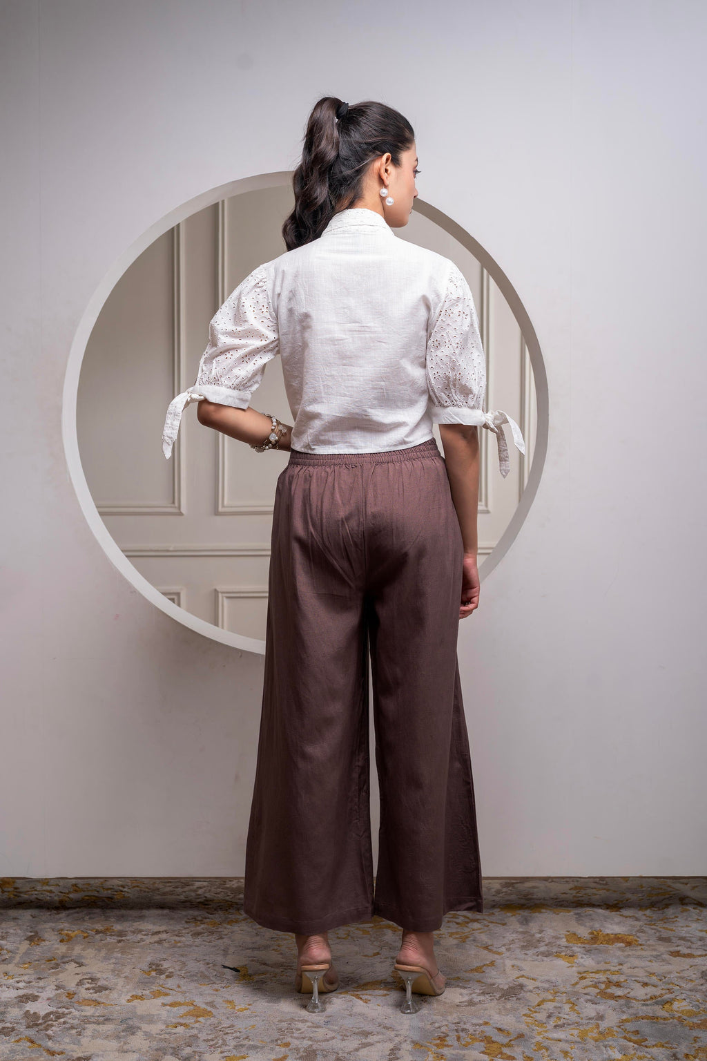 Juniper White & Brown Cotton-Viscose Embroidered Co-Ord Set With Thread Work & Lace | Grocsy