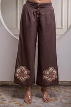 Juniper White & Brown Cotton-Viscose Embroidered Co-Ord Set With Thread Work & Lace | Grocsy