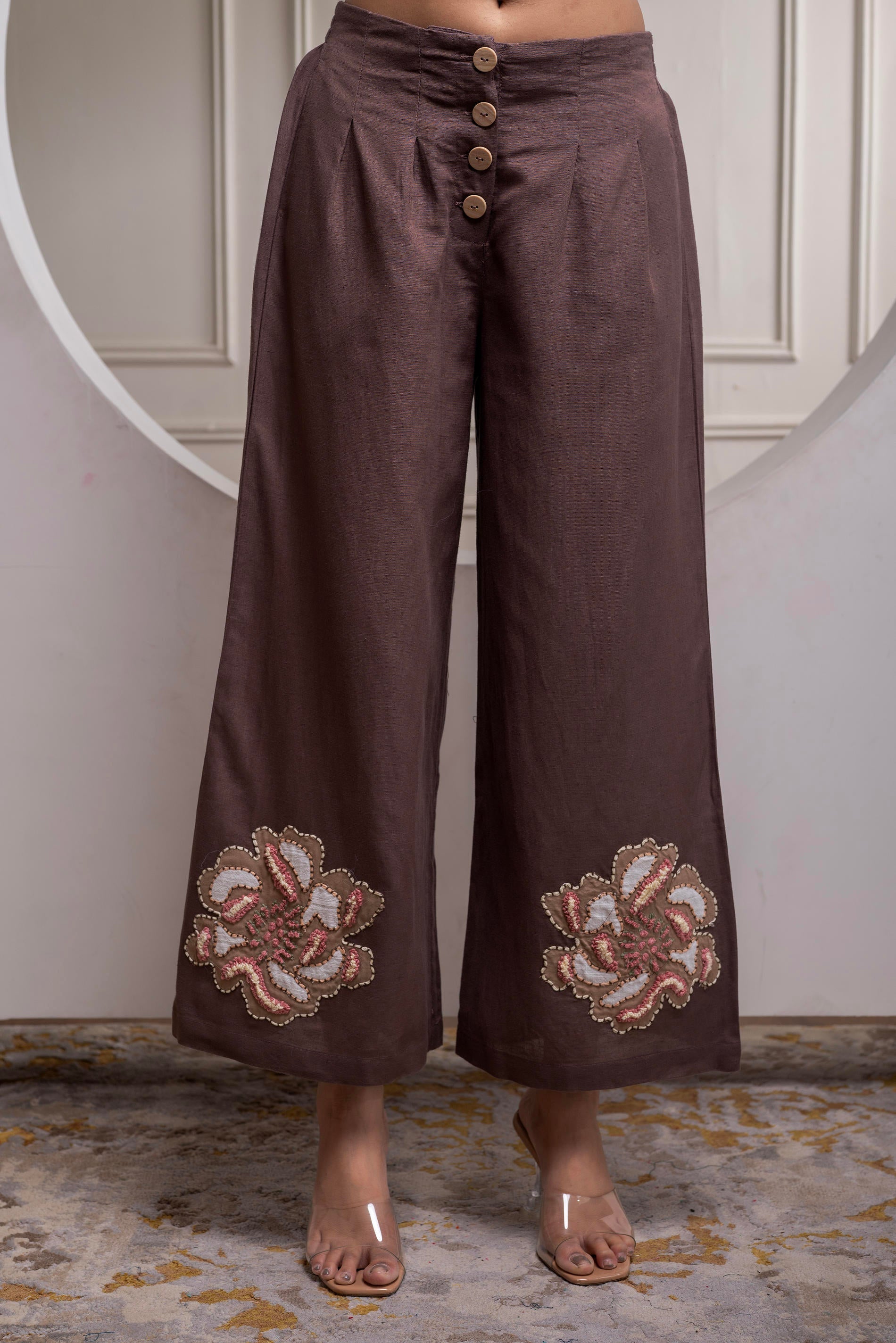 Juniper White & Brown Cotton-Viscose Embroidered Co-Ord Set With Thread Work & Lace | Grocsy