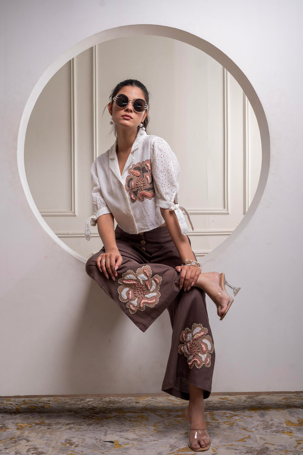 Juniper White & Brown Cotton-Viscose Embroidered Co-Ord Set With Thread Work & Lace | Grocsy