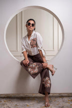 Juniper White & Brown Cotton-Viscose Embroidered Co-Ord Set With Thread Work & Lace | Grocsy
