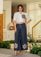 Juniper White & Teal Cotton-Viscose Embroidered Co-Ord Set With Thread Work & Lace | Grocsy