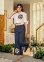Juniper White & Teal Cotton-Viscose Embroidered Co-Ord Set With Thread Work & Lace | Grocsy