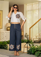 Juniper White & Teal Cotton-Viscose Embroidered Co-Ord Set With Thread Work & Lace | Grocsy