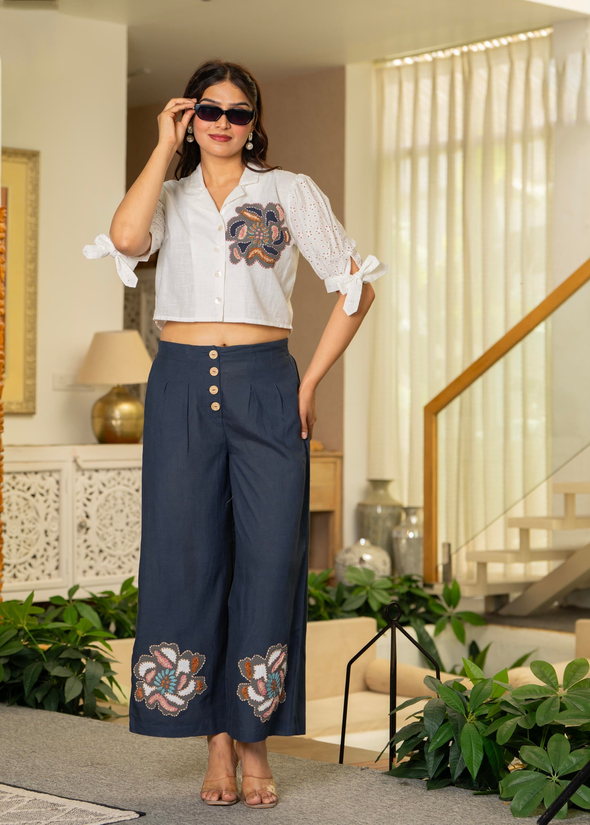 Juniper White & Teal Cotton-Viscose Embroidered Co-Ord Set With Thread Work & Lace | Grocsy