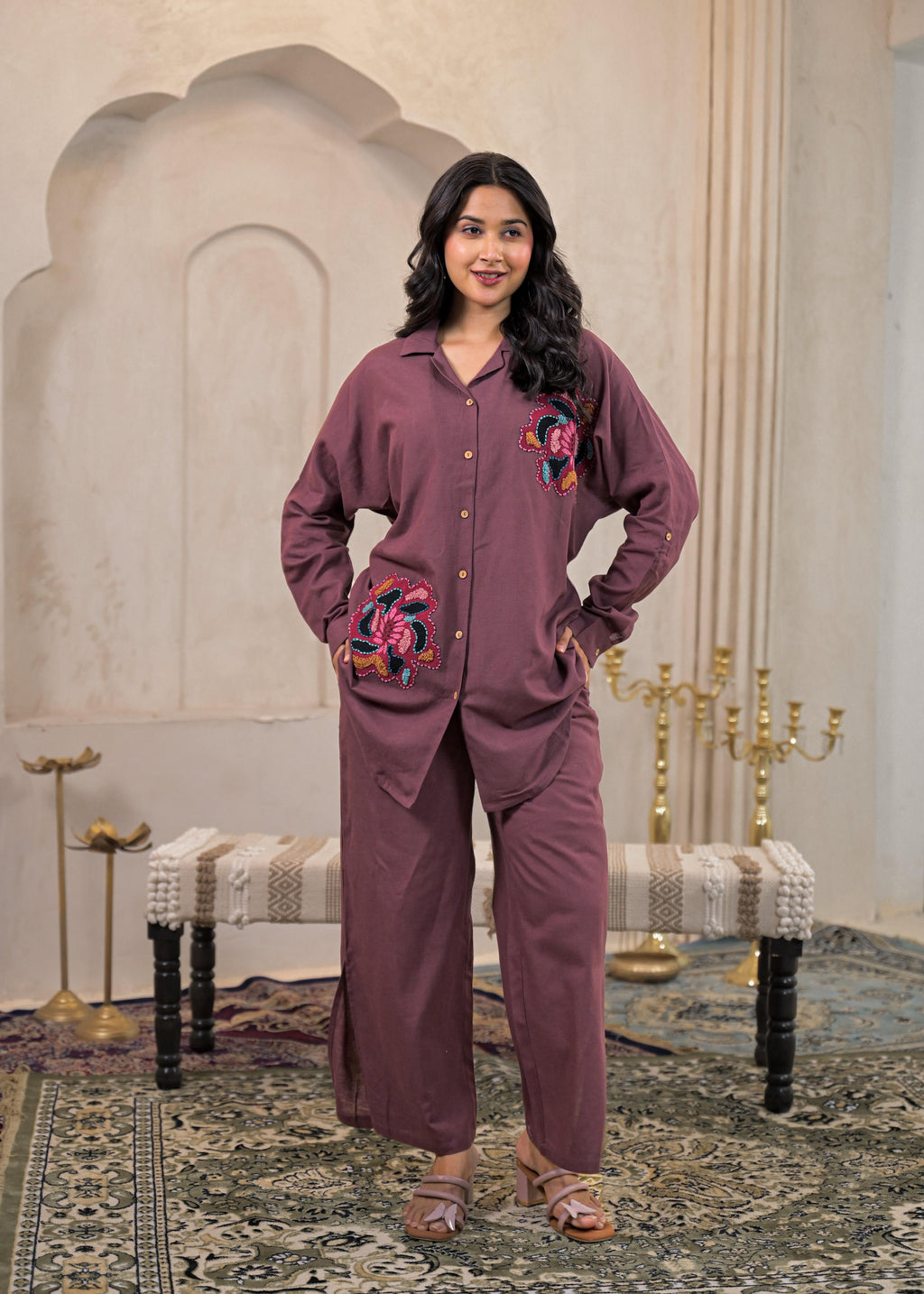 Juniper Viscose Linen Mauve Embroidered Top And Pant Co-Ord Set With Thread Work | Grocsy