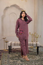 Juniper Viscose Linen Mauve Embroidered Top And Pant Co-Ord Set With Thread Work | Grocsy