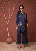 Juniper Viscose Linen Teal Embroidered Top And Pant Co-Ord Set With Thread Work | Grocsy