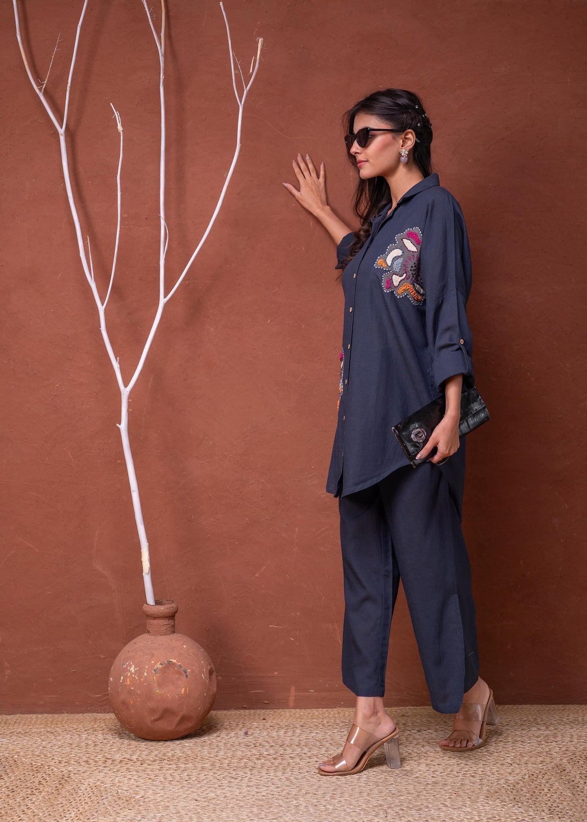 Juniper Viscose Linen Teal Embroidered Top And Pant Co-Ord Set With Thread Work | Grocsy