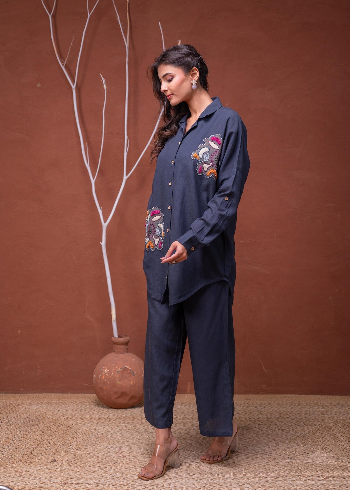 Juniper Viscose Linen Teal Embroidered Top And Pant Co-Ord Set With Thread Work | Grocsy