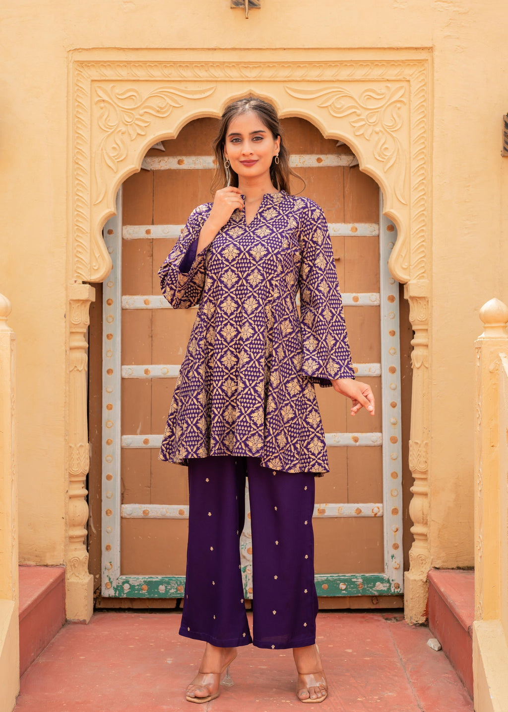 Juniper Purple Gold Geometric Printed Kurta With Pants | Grocsy