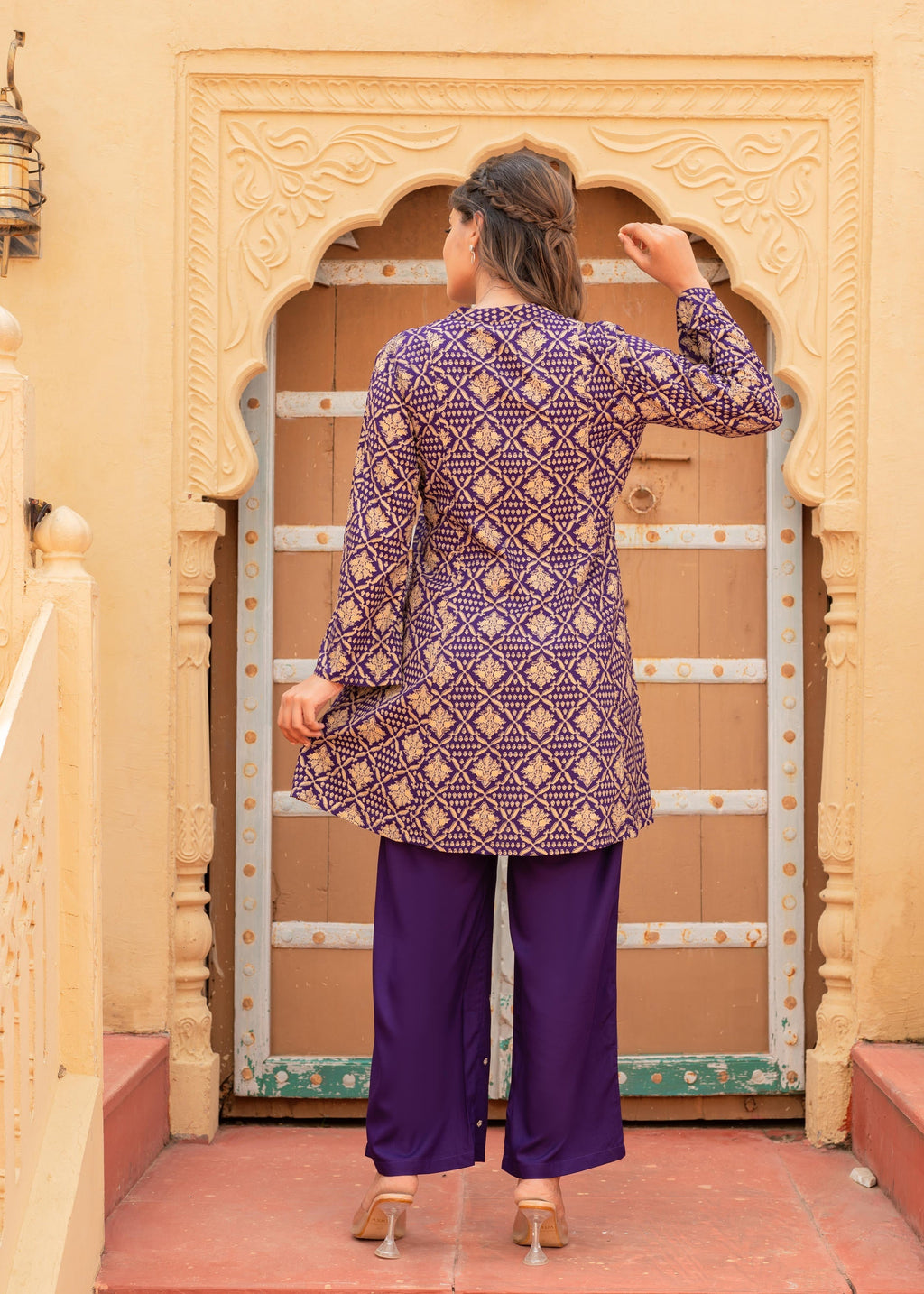 Juniper Purple Gold Geometric Printed Kurta With Pants | Grocsy