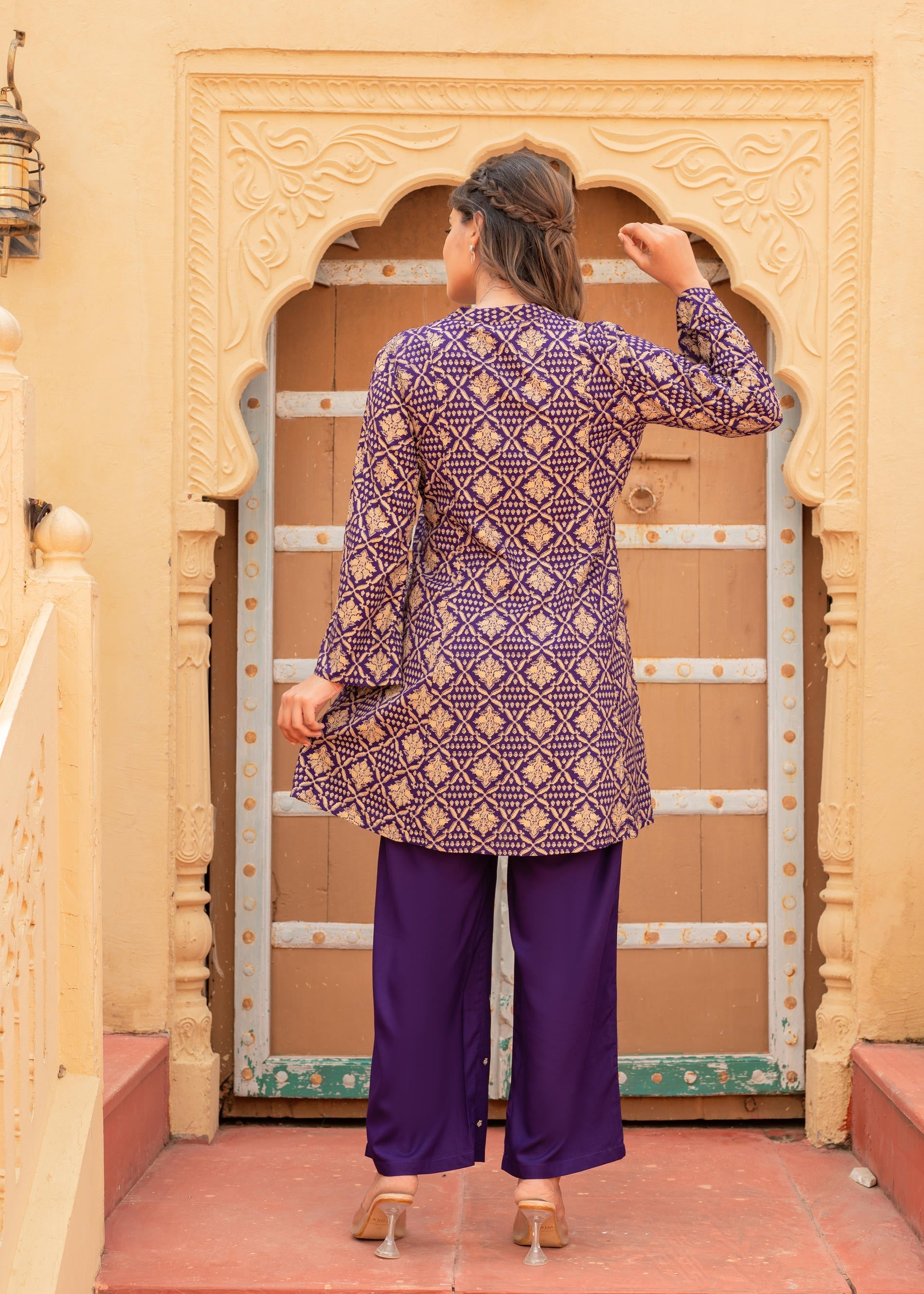 Juniper Purple Gold Geometric Printed Kurta With Pants | Grocsy