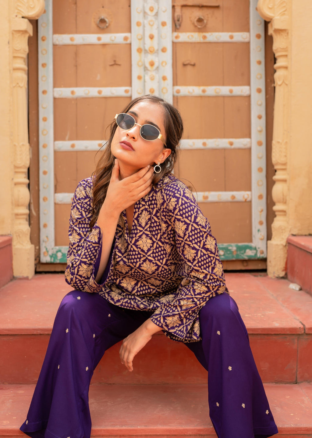 Juniper Purple Gold Geometric Printed Kurta With Pants | Grocsy