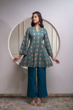 Juniper Teal Floral Printed Kurta & Solid Pants Set In 100% Viscose | Grocsy