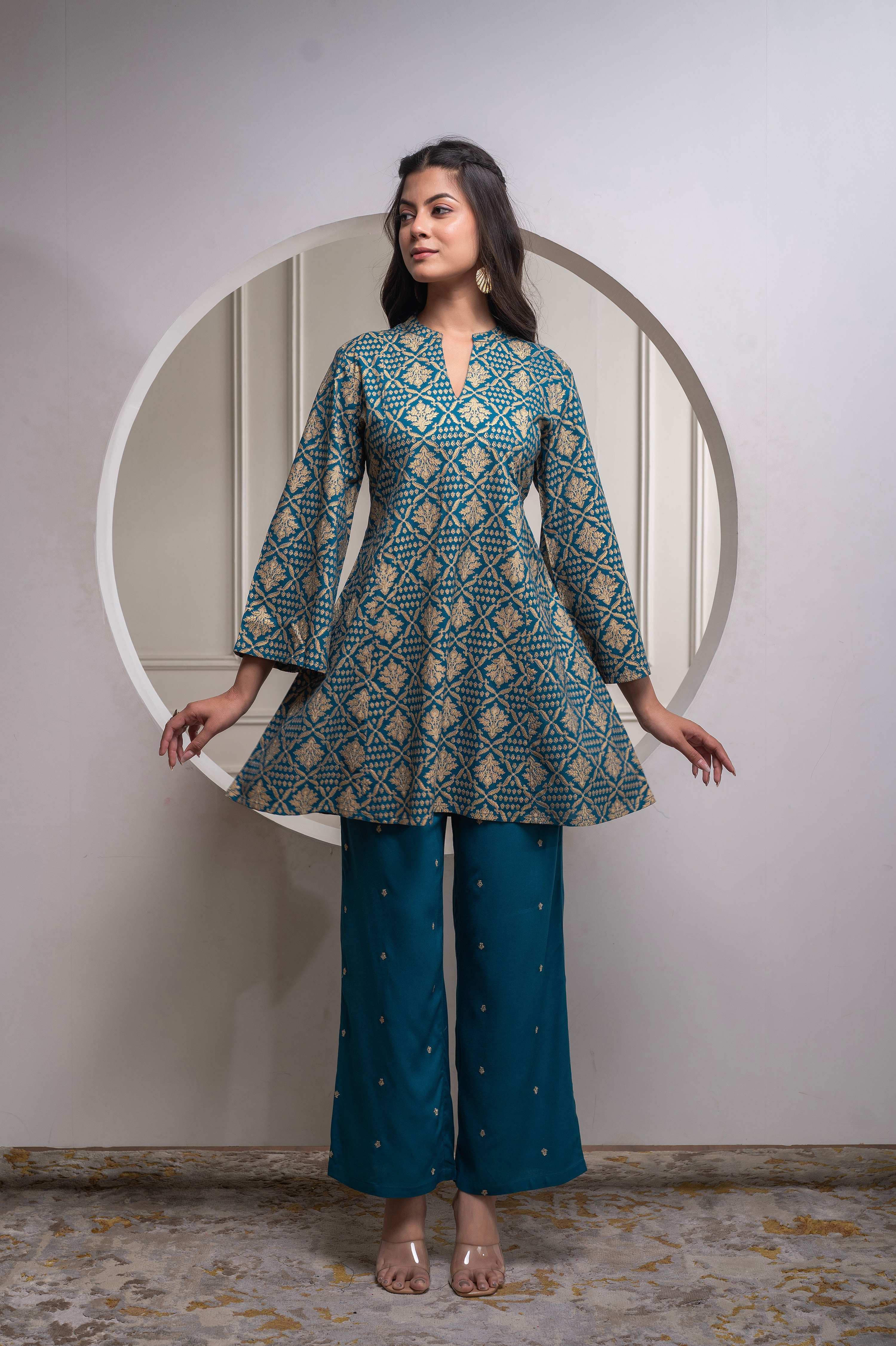 Juniper Teal Floral Printed Kurta & Solid Pants Set In 100% Viscose | Grocsy