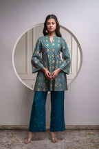 Juniper Teal Floral Printed Kurta & Solid Pants Set In 100% Viscose | Grocsy