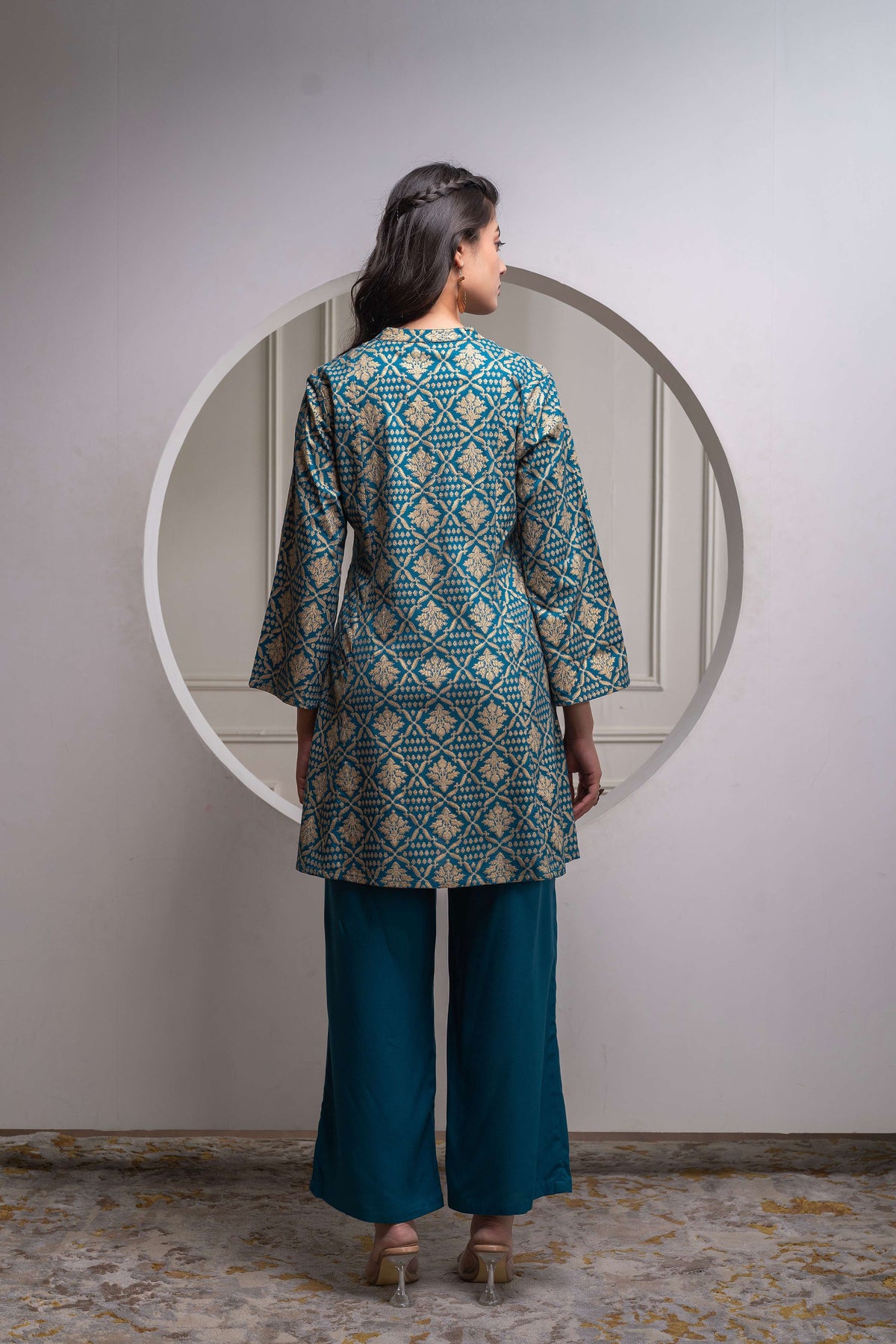 Juniper Teal Floral Printed Kurta & Solid Pants Set In 100% Viscose | Grocsy