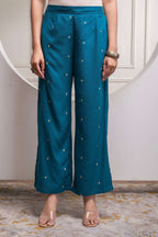 Juniper Teal Floral Printed Kurta & Solid Pants Set In 100% Viscose | Grocsy