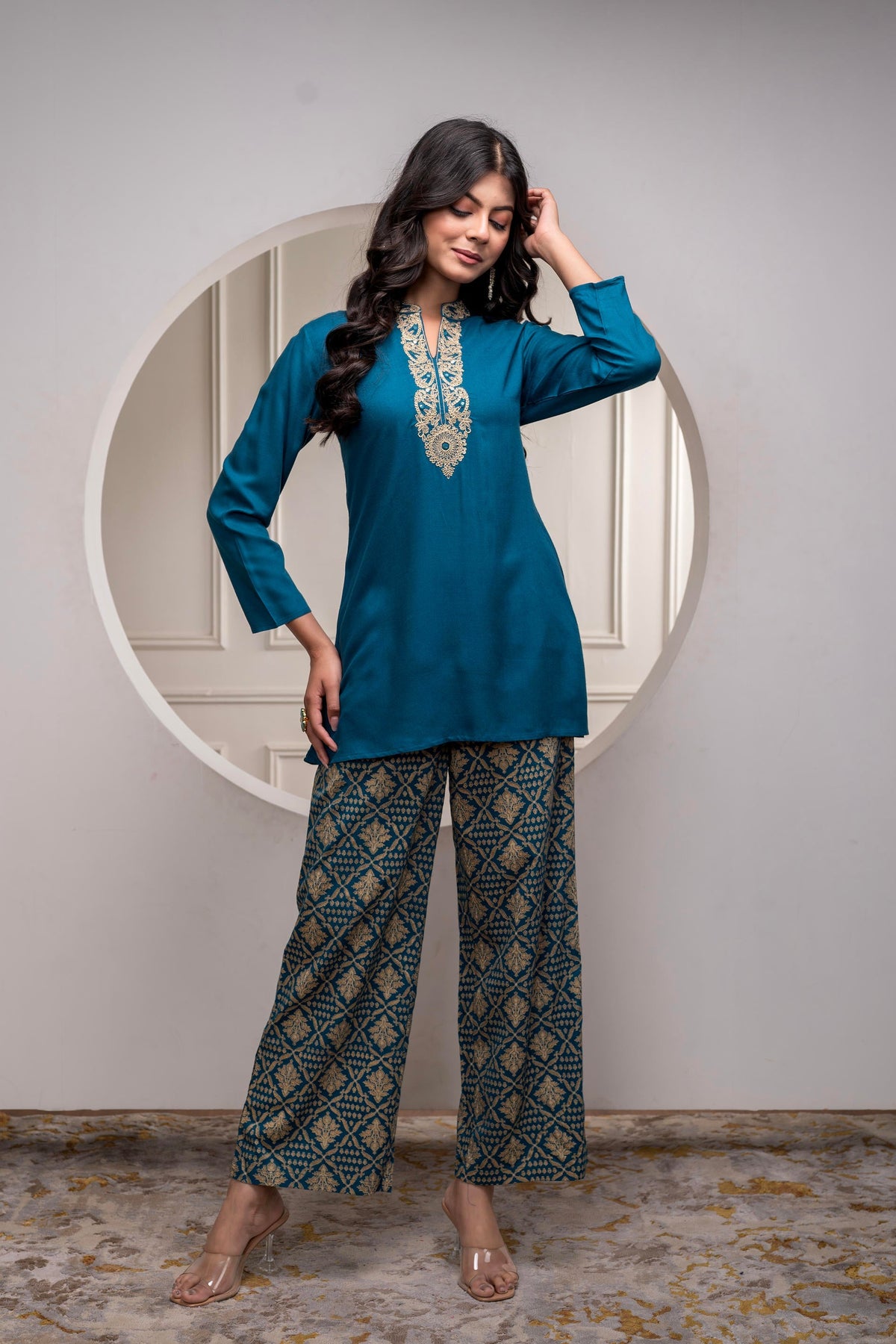 Juniper Viscose Teal Embroidered Kurta Pant Set With Zari & Mirror Work | Grocsy