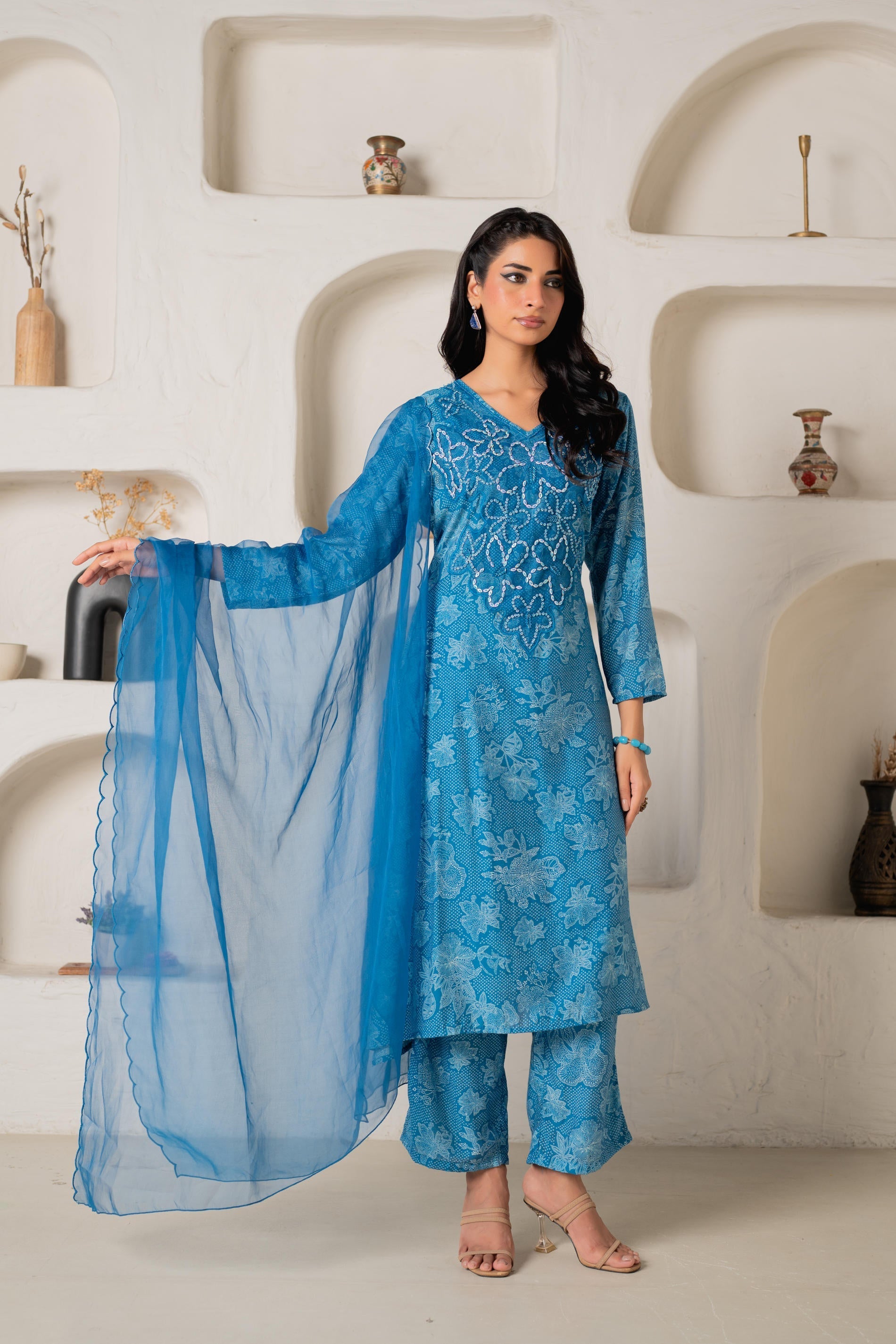 Juniper Blue Floral Embellished A-Line Kurta Pant And Dupatta Set With Beads & Sequence Work | Grocsy