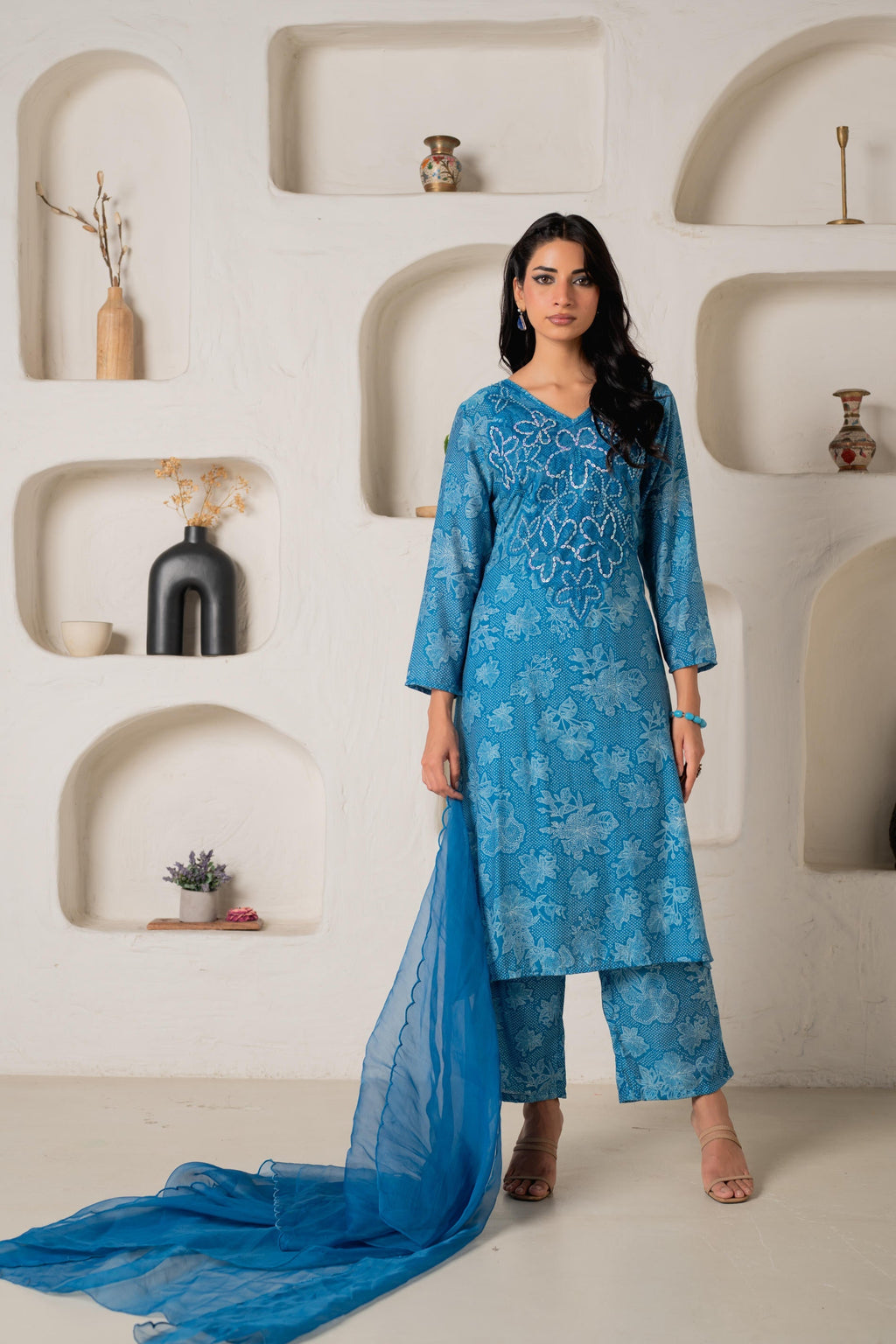 Juniper Blue Floral Embellished A-Line Kurta Pant And Dupatta Set With Beads & Sequence Work | Grocsy