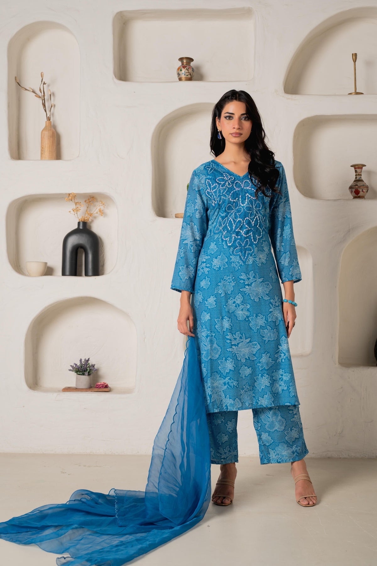 Juniper Blue Floral Embellished A-Line Kurta Pant And Dupatta Set With Beads & Sequence Work | Grocsy