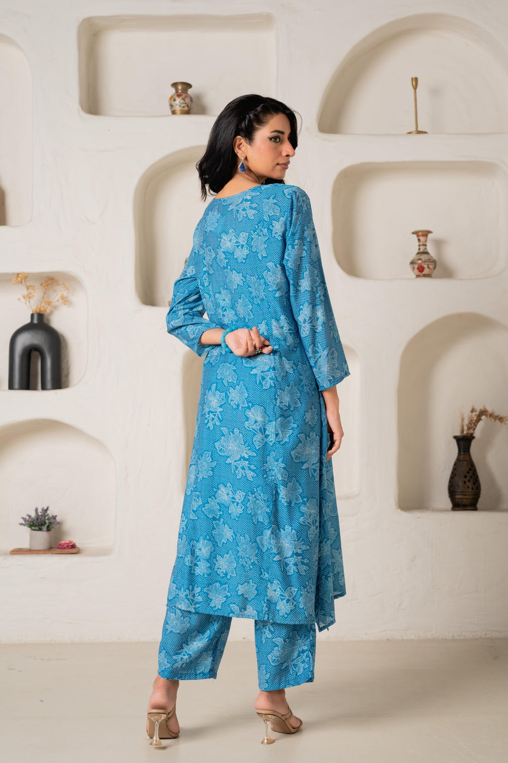 Juniper Blue Floral Embellished A-Line Kurta Pant And Dupatta Set With Beads & Sequence Work | Grocsy