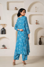 Juniper Blue Floral Embellished A-Line Kurta Pant And Dupatta Set With Beads & Sequence Work | Grocsy