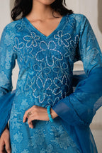 Juniper Blue Floral Embellished A-Line Kurta Pant And Dupatta Set With Beads & Sequence Work | Grocsy