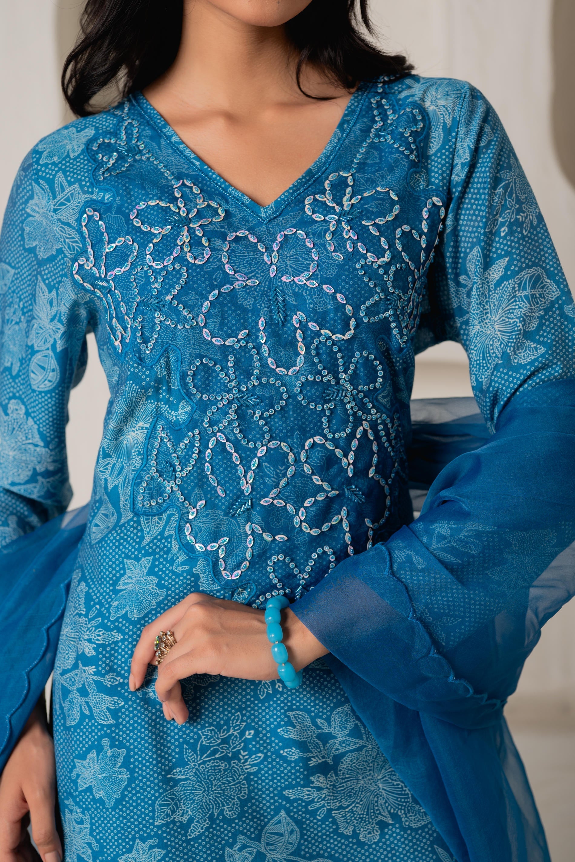 Juniper Blue Floral Embellished A-Line Kurta Pant And Dupatta Set With Beads & Sequence Work | Grocsy