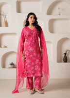 Juniper Fuchsia Floral Embellished A-Line Kurta Pant And Dupatta Set With Beads & Sequence Work | Grocsy