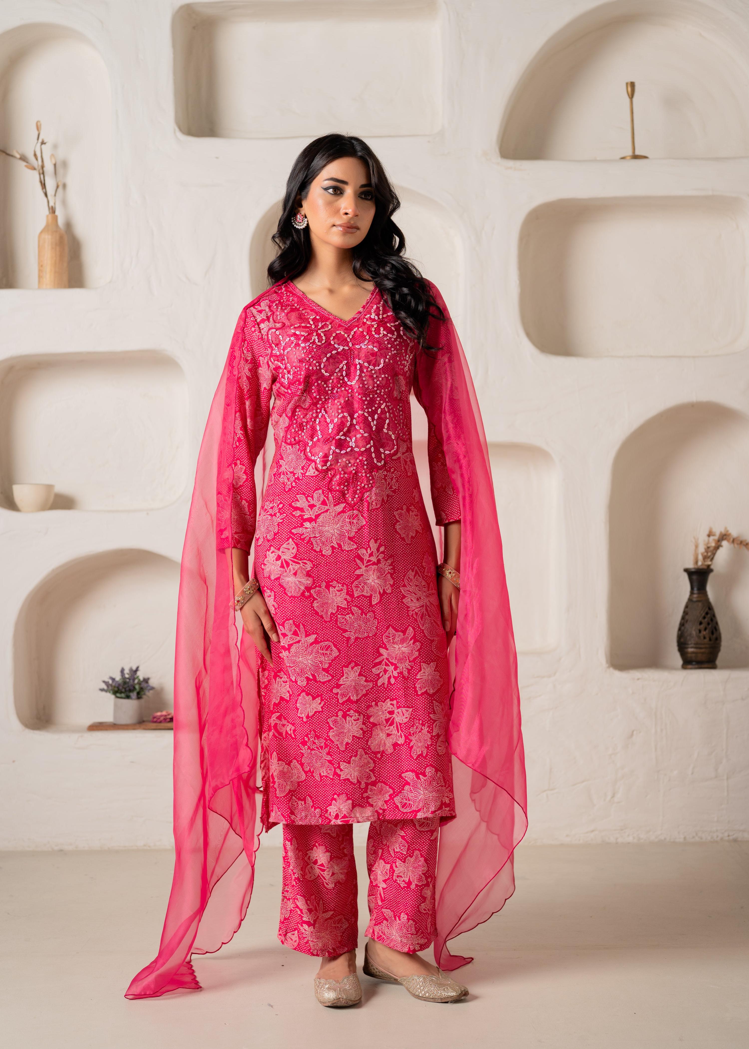 Juniper Fuchsia Floral Embellished A-Line Kurta Pant And Dupatta Set With Beads & Sequence Work | Grocsy