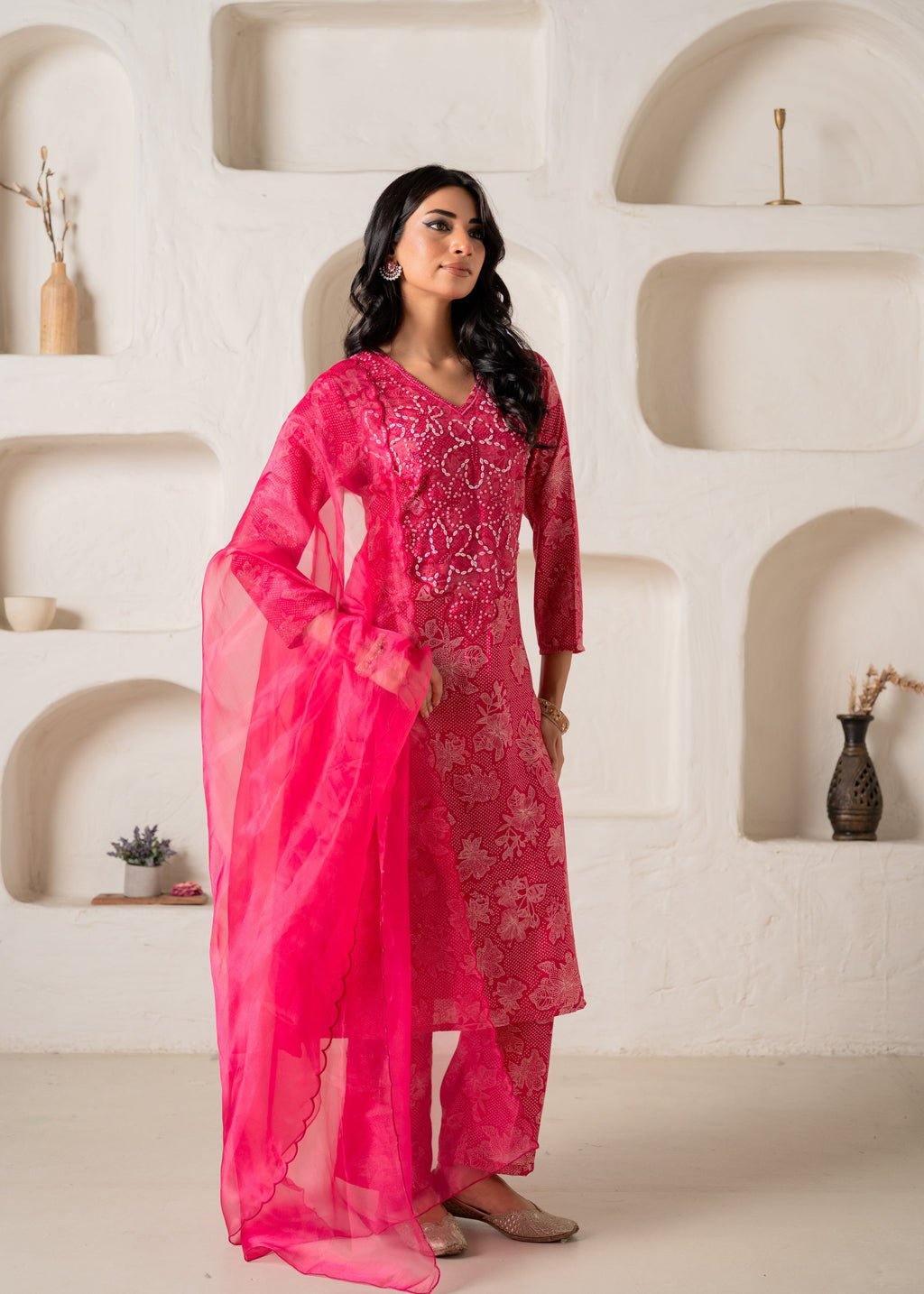 Juniper Fuchsia Floral Embellished A-Line Kurta Pant And Dupatta Set With Beads & Sequence Work | Grocsy