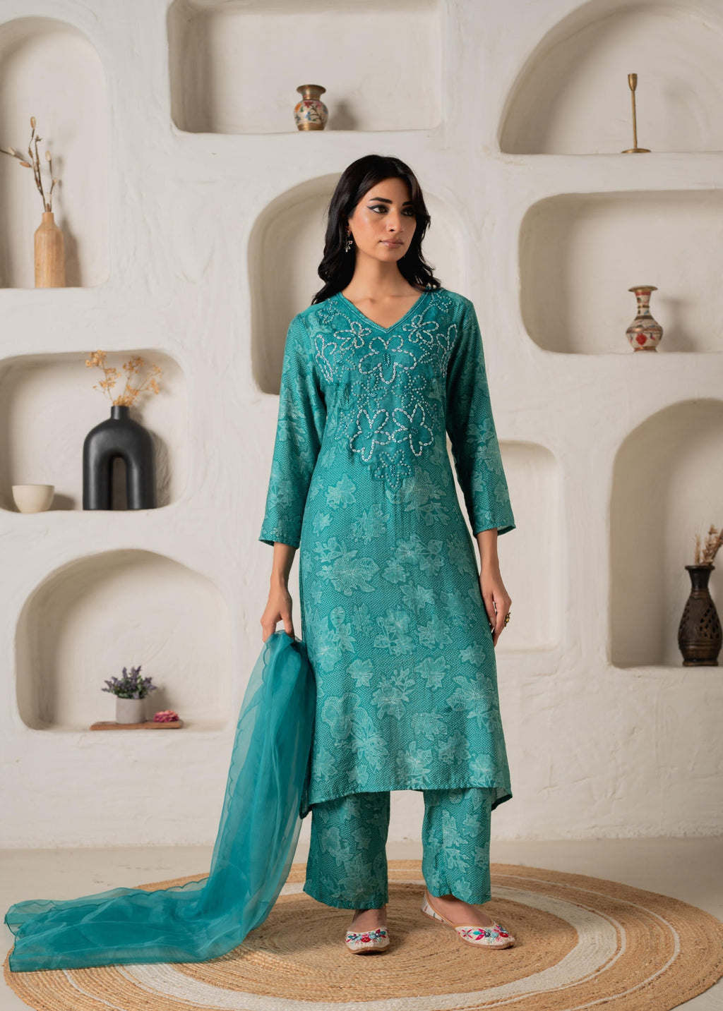 Juniper Green Floral Embellished A-Line Kurta Pant And Dupatta Set With Beads & Sequence Work | Grocsy