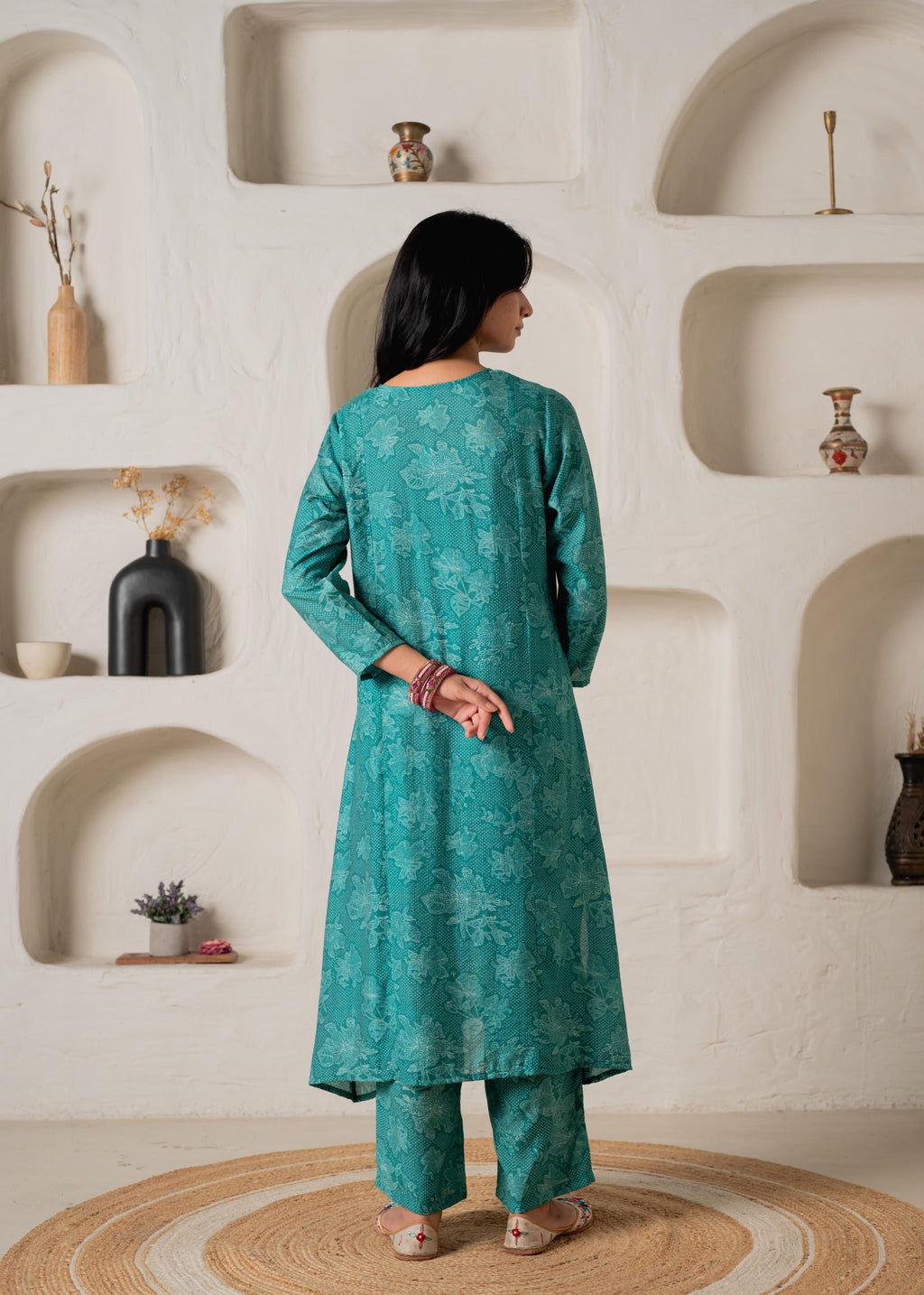 Juniper Green Floral Embellished A-Line Kurta Pant And Dupatta Set With Beads & Sequence Work | Grocsy
