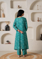 Juniper Green Floral Embellished A-Line Kurta Pant And Dupatta Set With Beads & Sequence Work | Grocsy