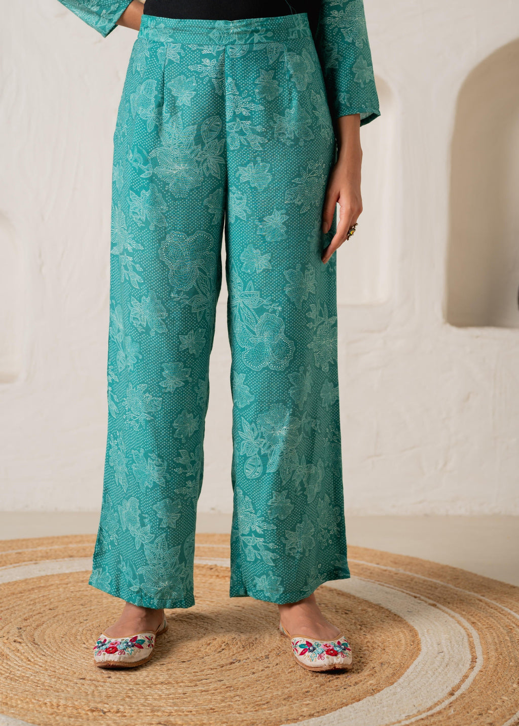 Juniper Green Floral Embellished A-Line Kurta Pant And Dupatta Set With Beads & Sequence Work | Grocsy