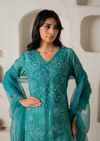 Juniper Green Floral Embellished A-Line Kurta Pant And Dupatta Set With Beads & Sequence Work | Grocsy