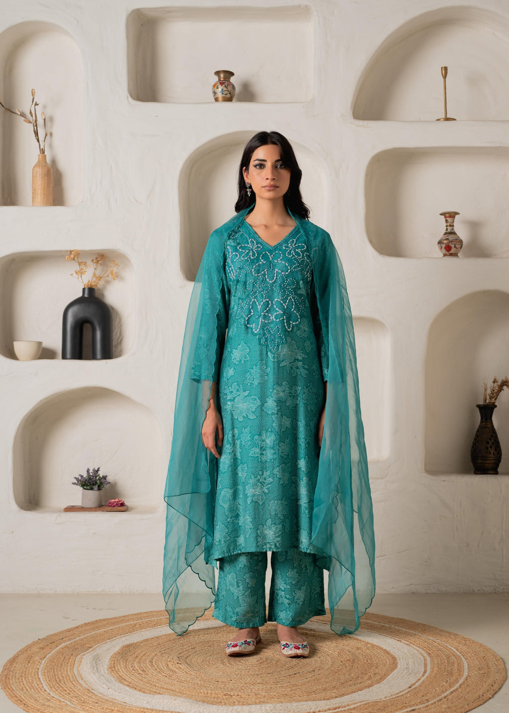 Juniper Green Floral Embellished A-Line Kurta Pant And Dupatta Set With Beads & Sequence Work | Grocsy