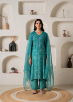 Juniper Green Floral Embellished A-Line Kurta Pant And Dupatta Set With Beads & Sequence Work | Grocsy