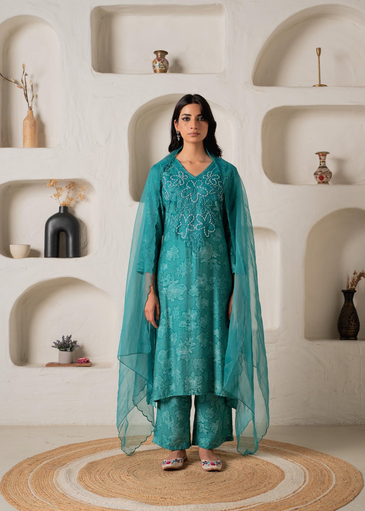 Juniper Green Floral Embellished A-Line Kurta Pant And Dupatta Set With Beads & Sequence Work | Grocsy