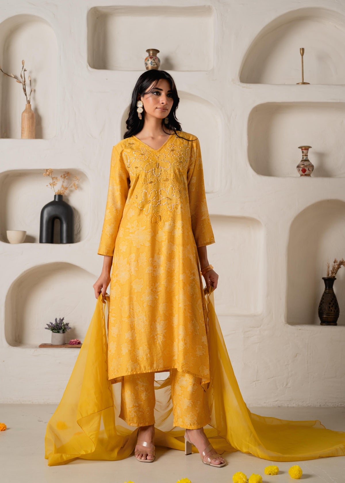 Juniper Mustard Floral Embellished A-Line Kurta Pant And Dupatta Set With Beads & Sequence Work | Grocsy