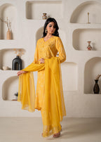 Juniper Mustard Floral Embellished A-Line Kurta Pant And Dupatta Set With Beads & Sequence Work | Grocsy